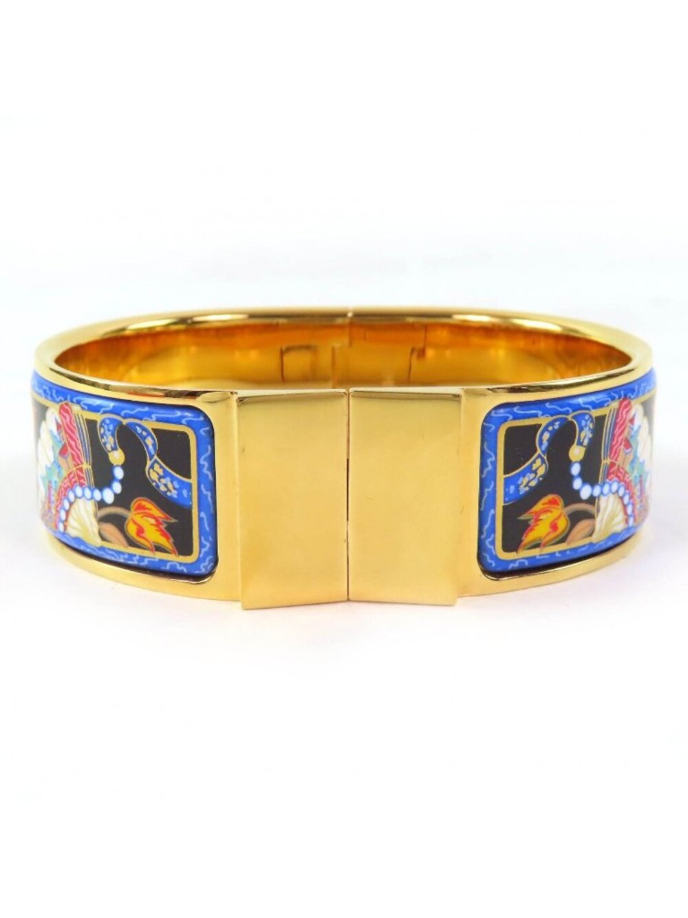 Hermes Loquet Enamel GM Fan Pattern Cloisonne Bangle Bracelet Gold Multicolor